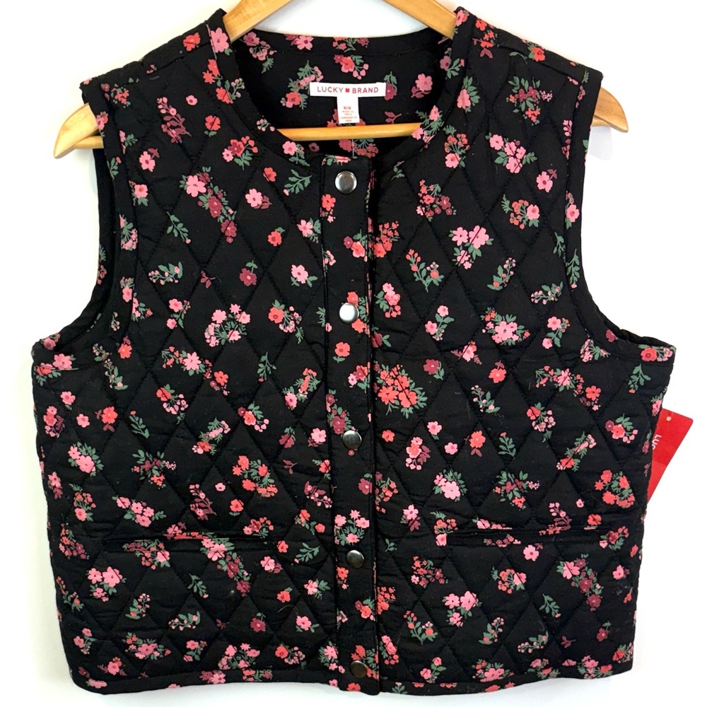 NWT Lucky Brand Black quilted Vest with Pink Floral Design size XS/S
